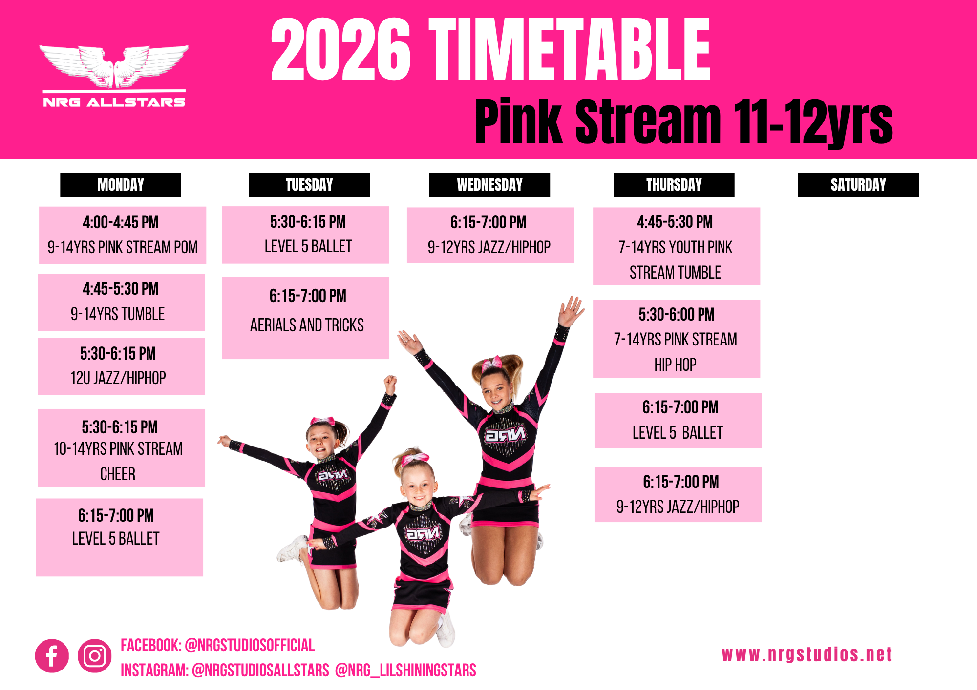 2026 NRG Allstars Pink Stream 11–12yrs dance and cheer timetable in Wollongong