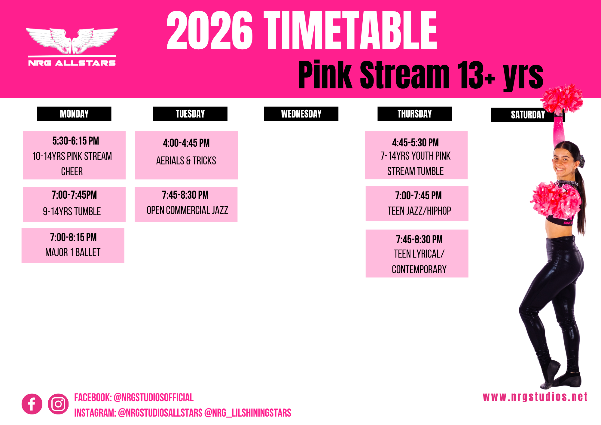 NRG Allstars 2026 timetable for Pink Stream 13+ years dance and cheer classes in Wollongong