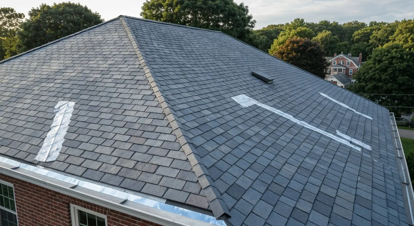 Residential roof installation on colonial home