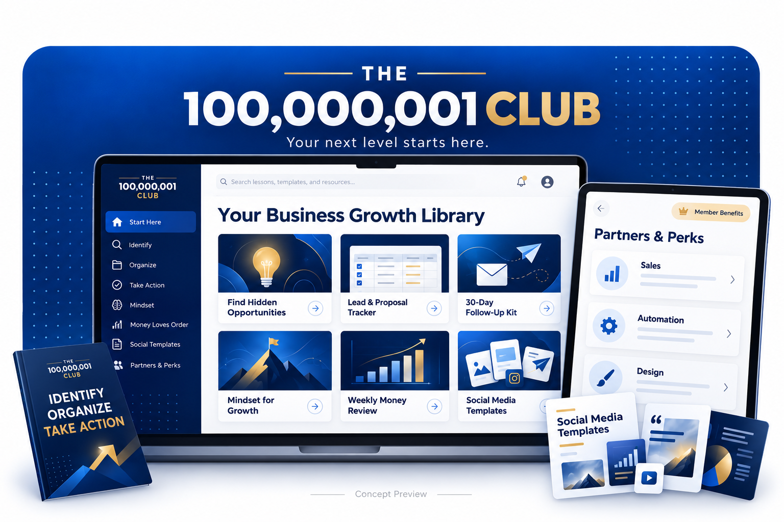 Concept preview of the club library on a laptop and partner perks on a tablet