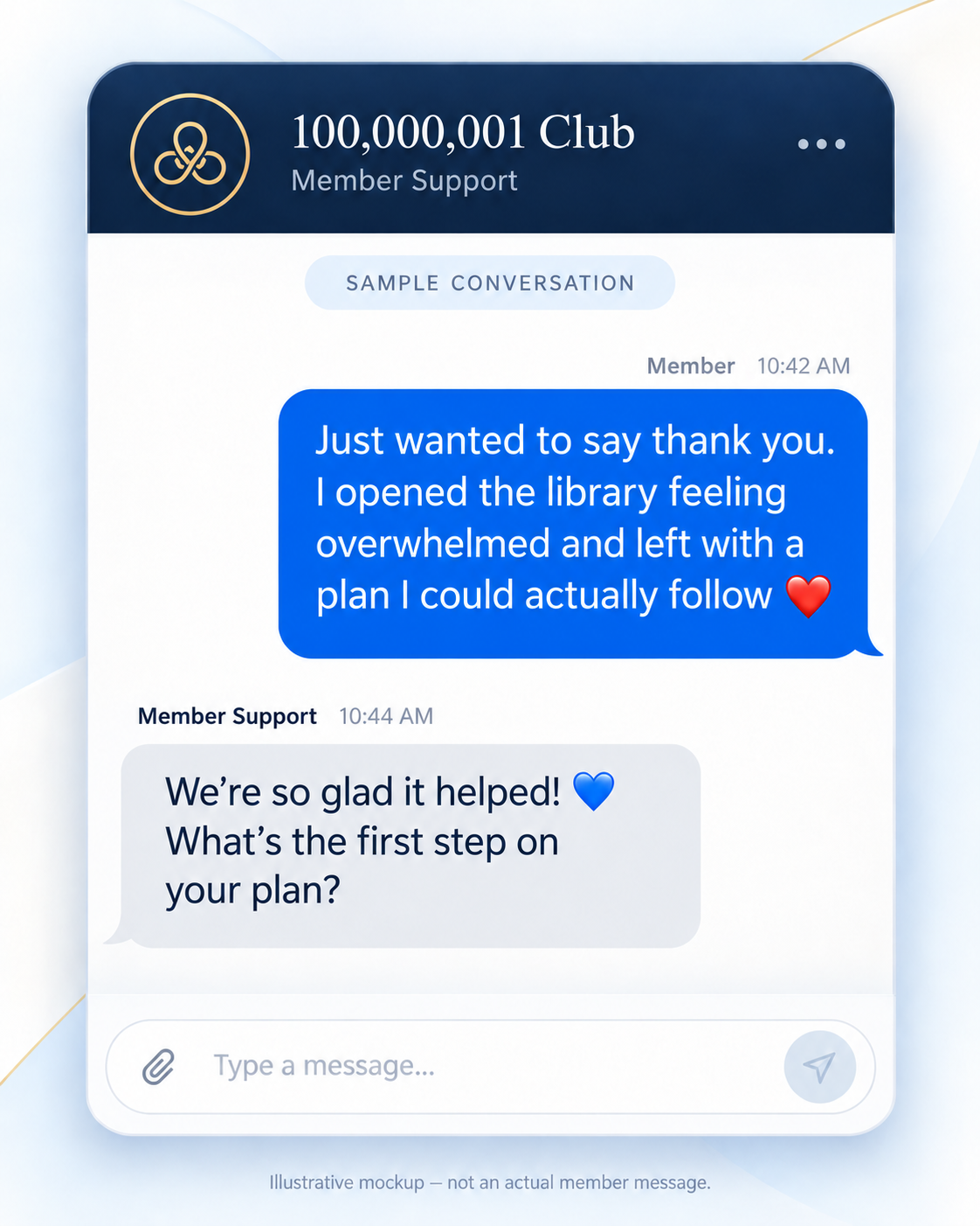 Illustrative mockup of a member chat, sample 2. Not an actual member message.