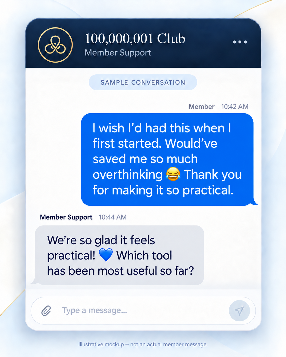 Illustrative mockup of a member chat, sample 4. Not an actual member message.
