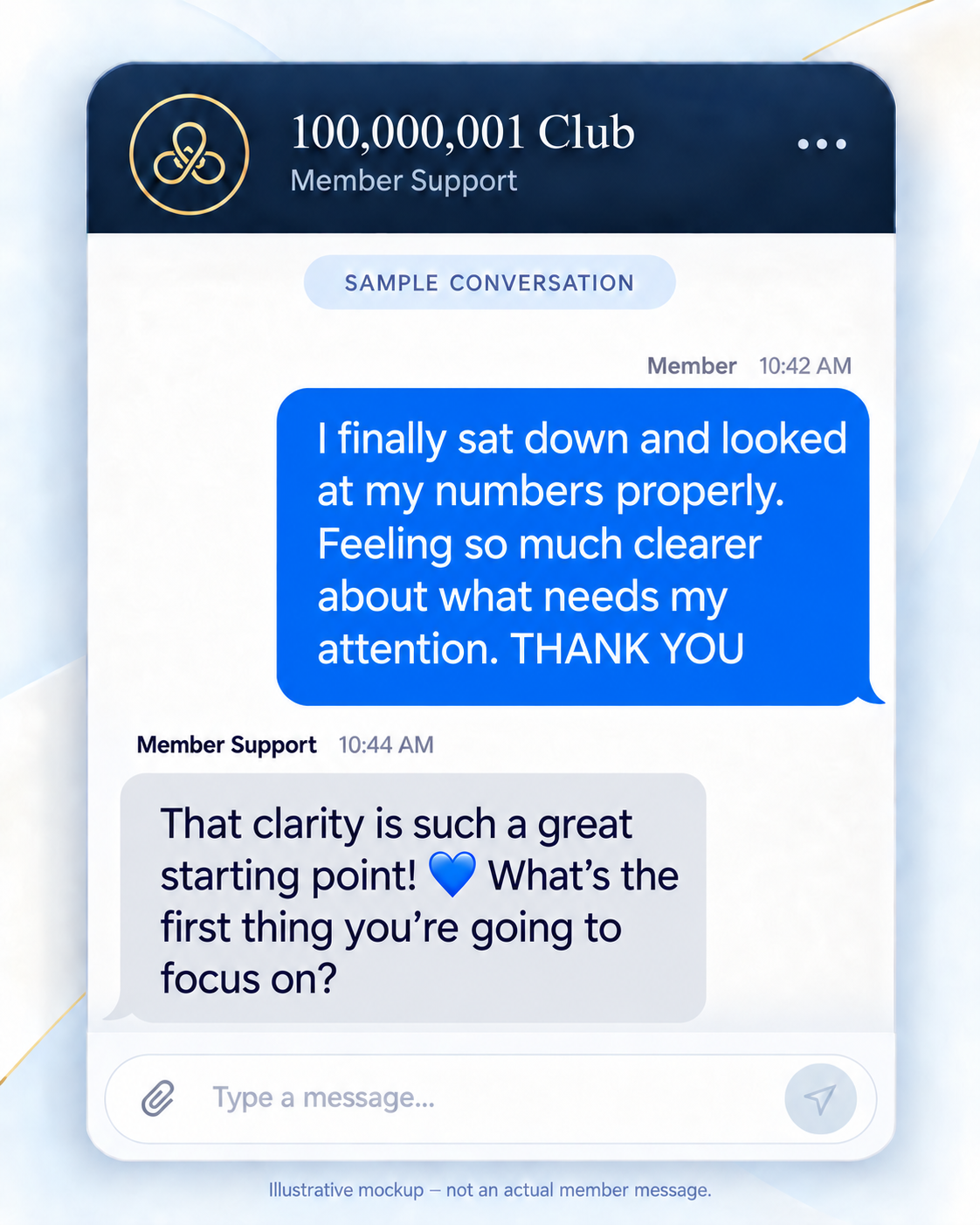 Illustrative mockup of a member chat, sample 5. Not an actual member message.