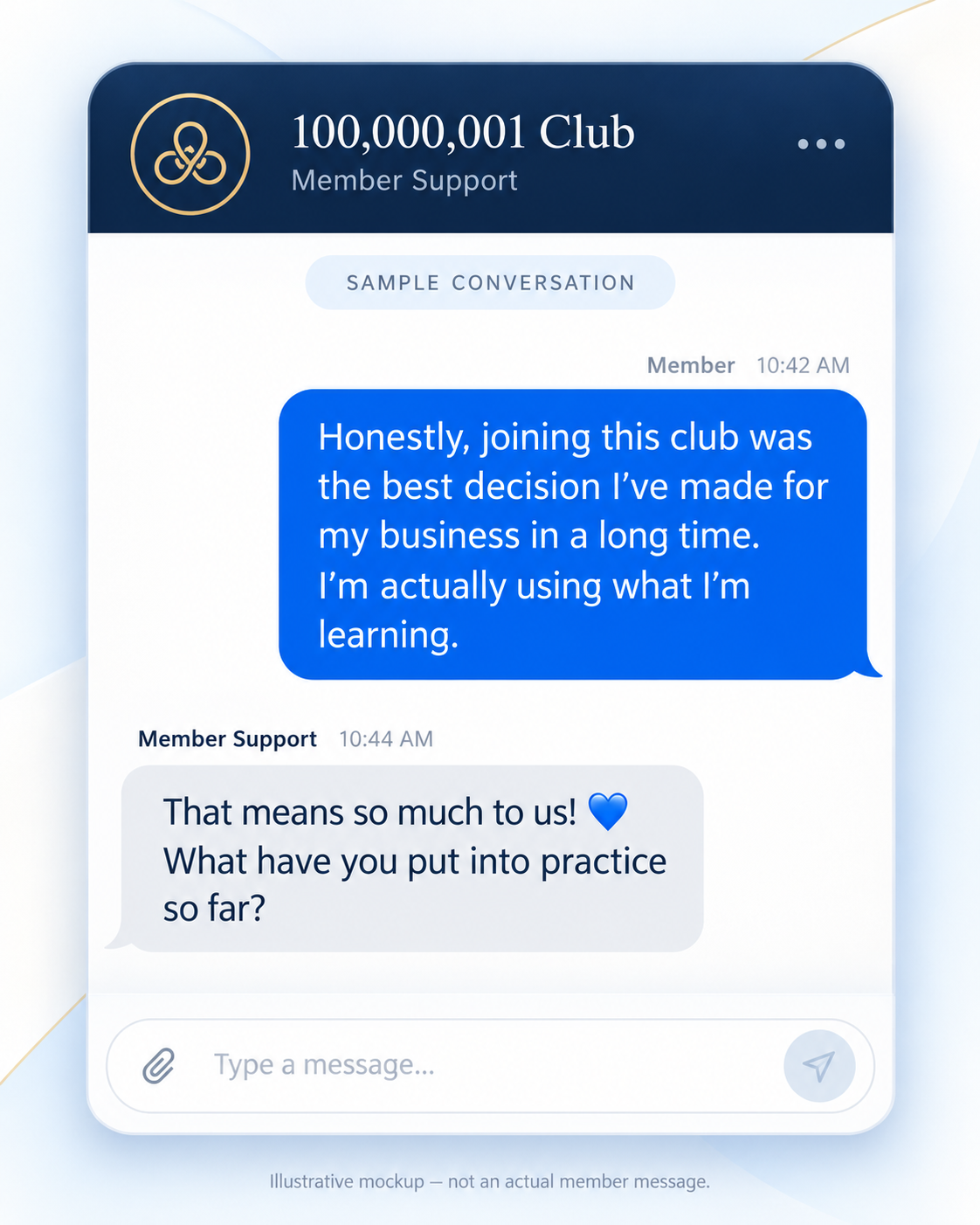 Illustrative mockup of a member chat, sample 1. Not an actual member message.