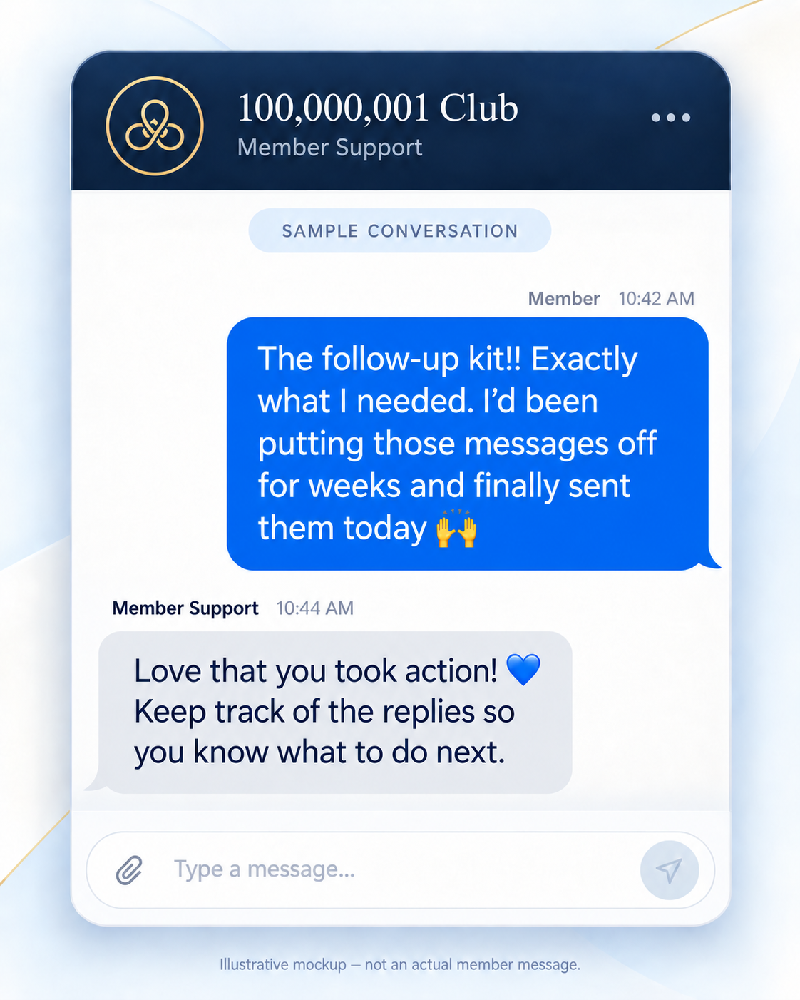 Illustrative mockup of a member chat, sample 3. Not an actual member message.