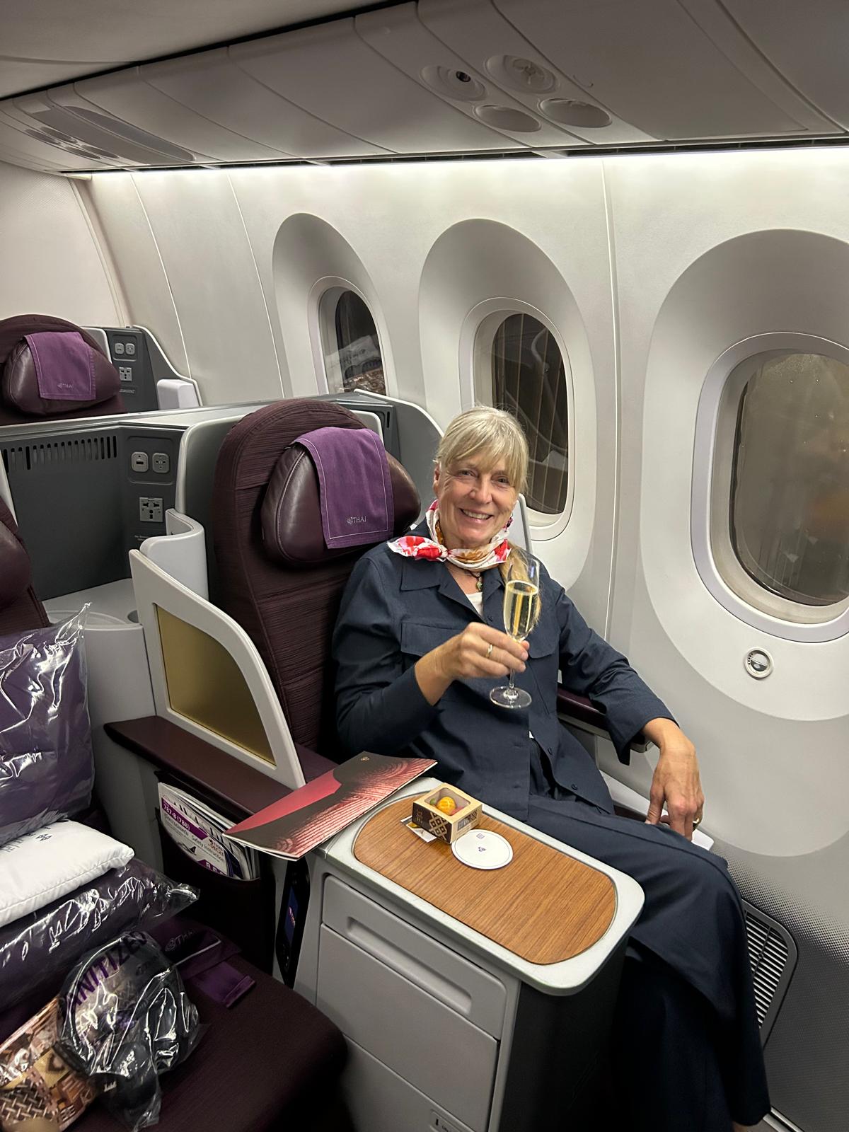 Elke enjoying Business Class