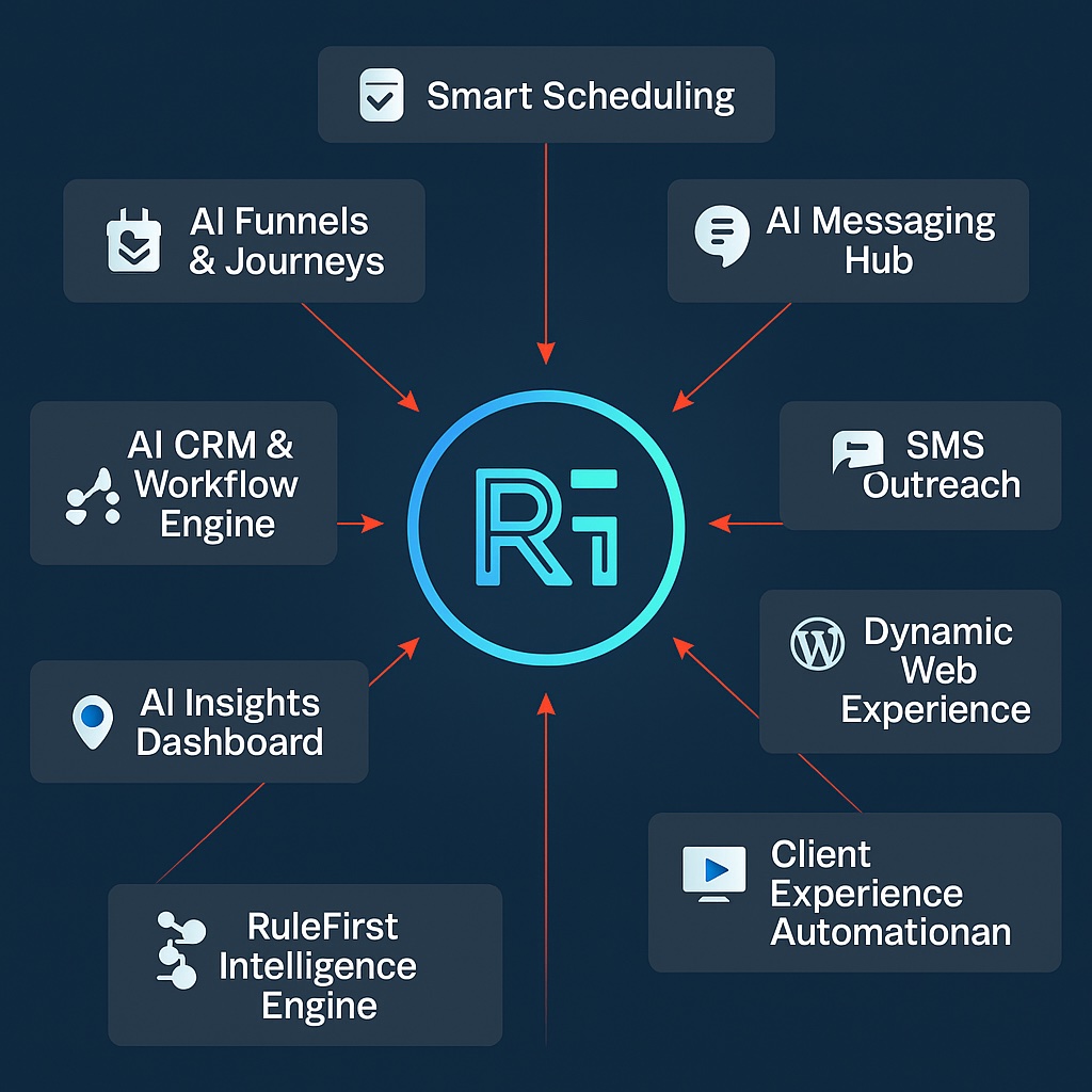 Circular infographic showing the RuleFirst AI Automation Platform with the RuleFirst logo in the center. Labeled connections display core features including Smart Scheduling, AI Messaging Hub, SMS Outreach, Dynamic Web Experience, Client Experience Automation, AI CRM and Workflow Engine, AI Insights Dashboard, RuleFirst Intelligence Engine, and AI Funnels and Journeys. The design features a dark blue gradient background with glowing cyan accents, representing unified automation and intelligent business systems.