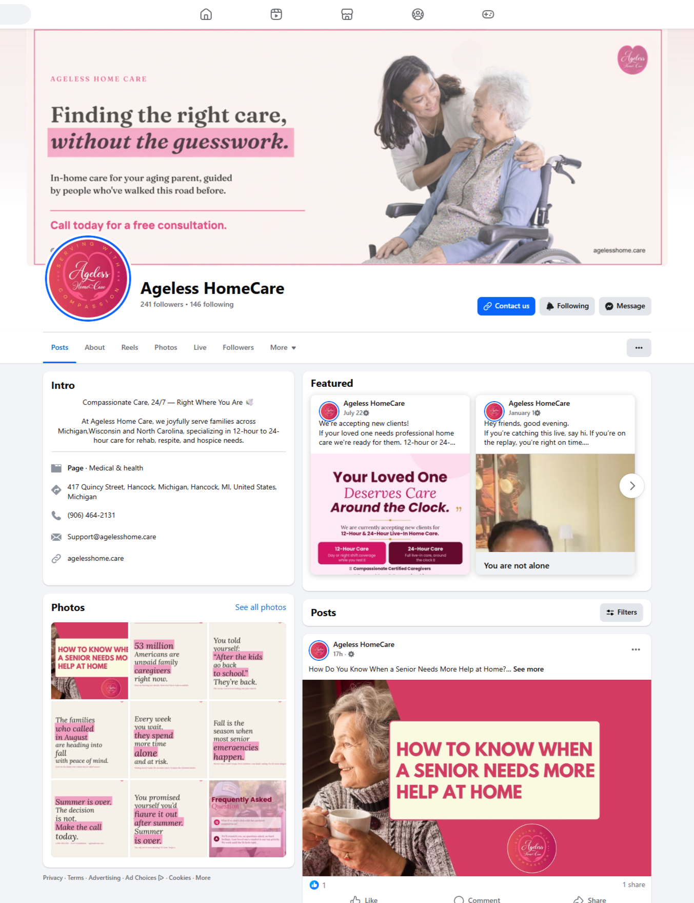Ageless HomeCare website and social media work