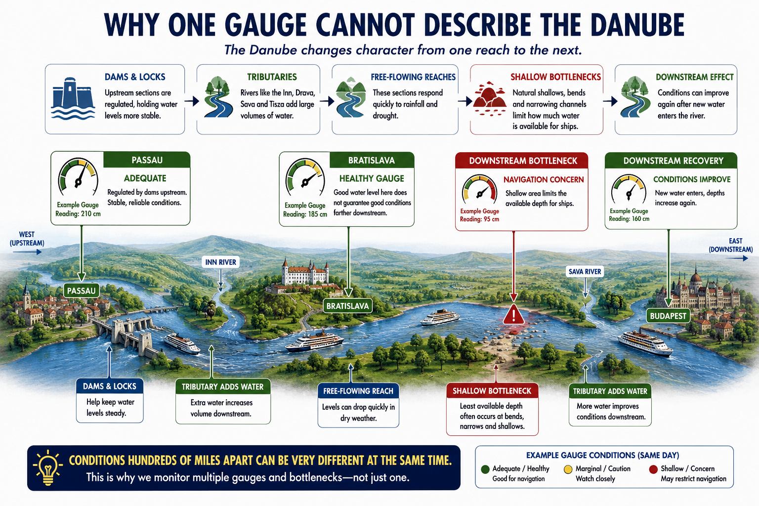 Danube River infographic showing how dams, tributaries, free-flowing reaches and shallow bottlenecks cause water conditions to vary between Passau, Bratislava and downstream sections