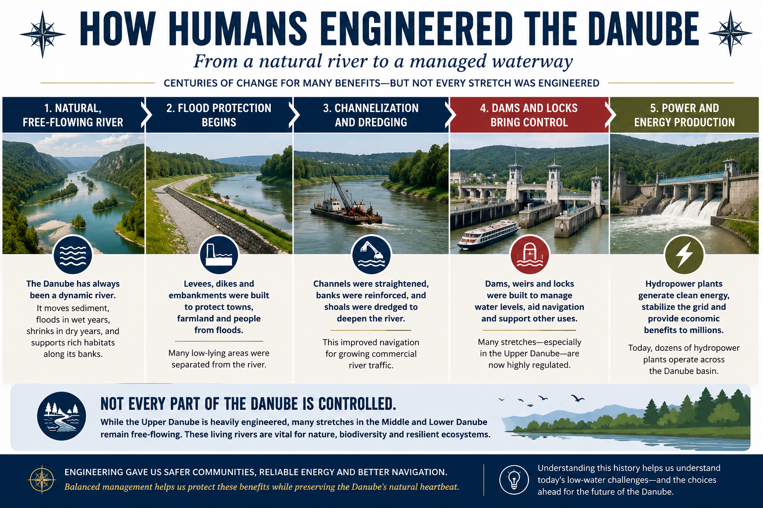 Infographic showing how humans engineered the Danube with flood defenses, channelization, dams, locks and hydropower while some sections remain free-flowing. Infographic showing how humans engineered the Danube with flood defenses, channelization, dams, locks and hydropower while some sections remain free-flowing.