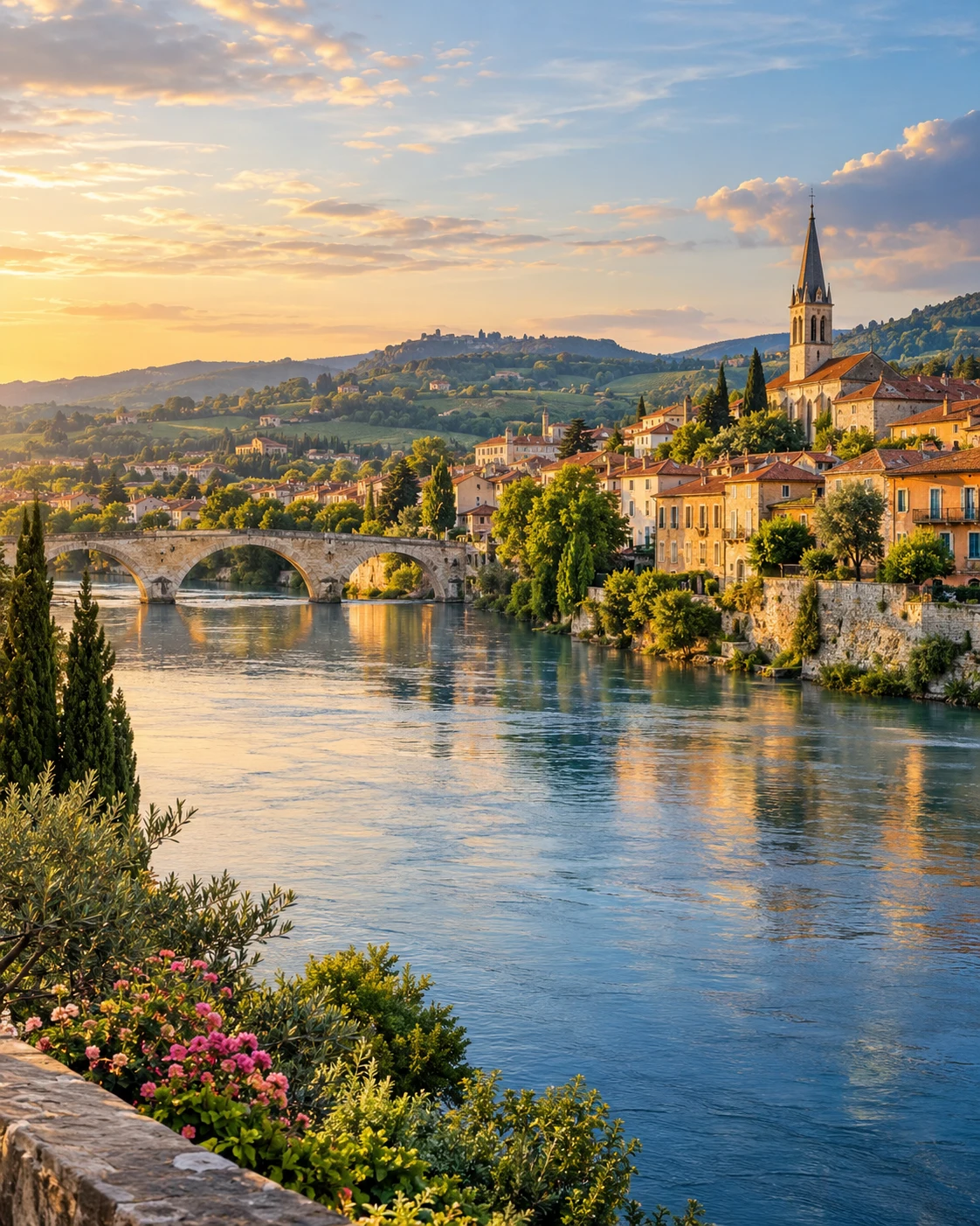 A riverfront town, stone bridge and green hills in warm evening light.