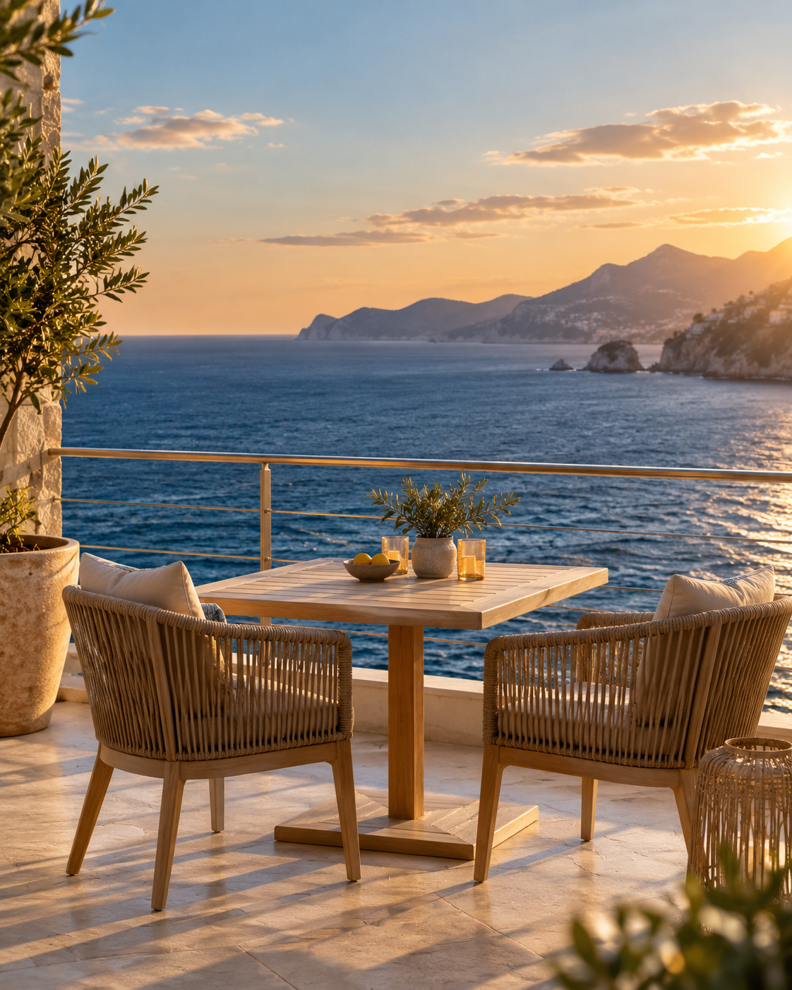 Woven chairs and a table on a terrace overlooking the sea at sunset.