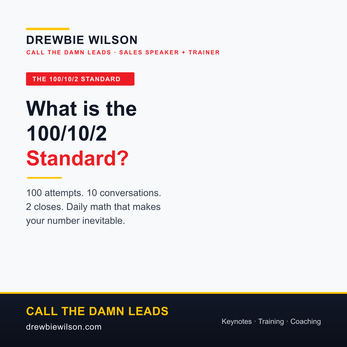 Branded Drewbie Wilson card: What is the 100/10/2 Standard? 100 attempts, 10 conversations, 2 closes. Daily math that makes your number inevitable.