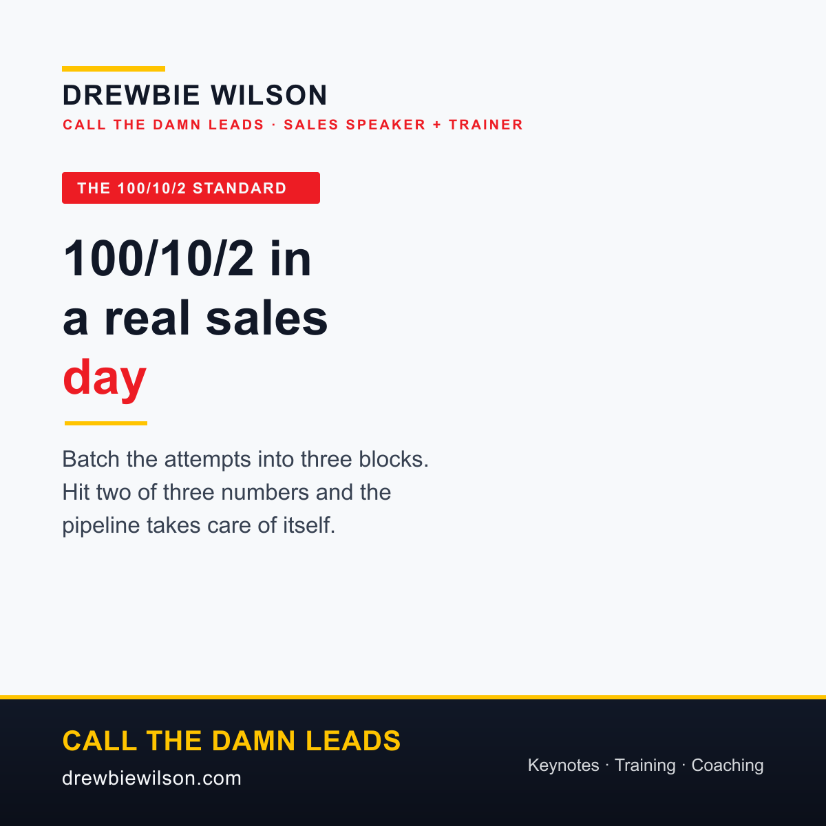 Branded card: 100/10/2 in a real sales day. Batch the attempts into three blocks.