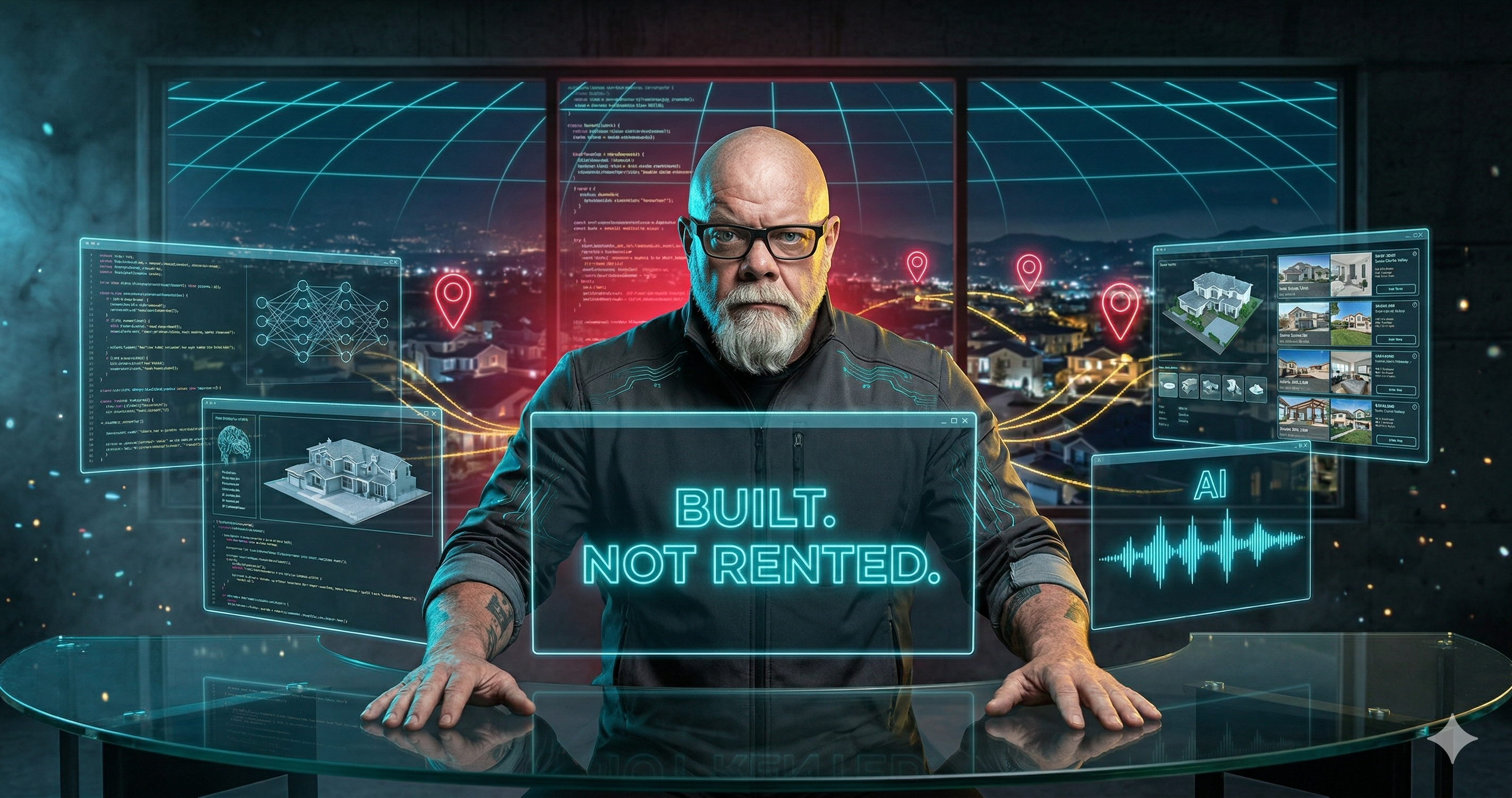 Connor MacIvor, Santa Clarita Valley real estate agent, inside an AI command center with holographic property displays, cyan and red Tron-grid lighting, built not rented on the main monitor