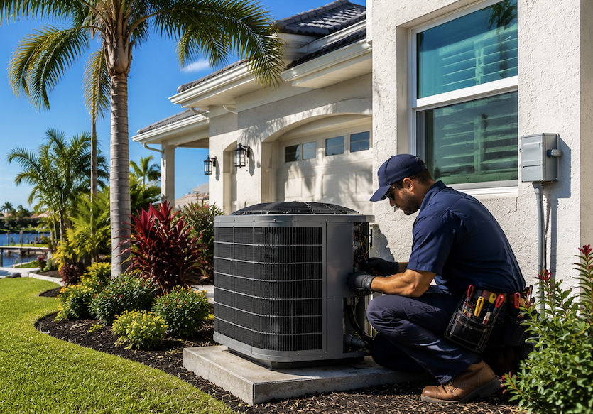 HVAC technician working on an outdoor air conditioning unit in Cape Coral, Florida