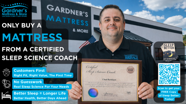 Certified sleep coach at Gardner’s Mattress & More promoting smarter mattress buying and free sleep consultation via QR code