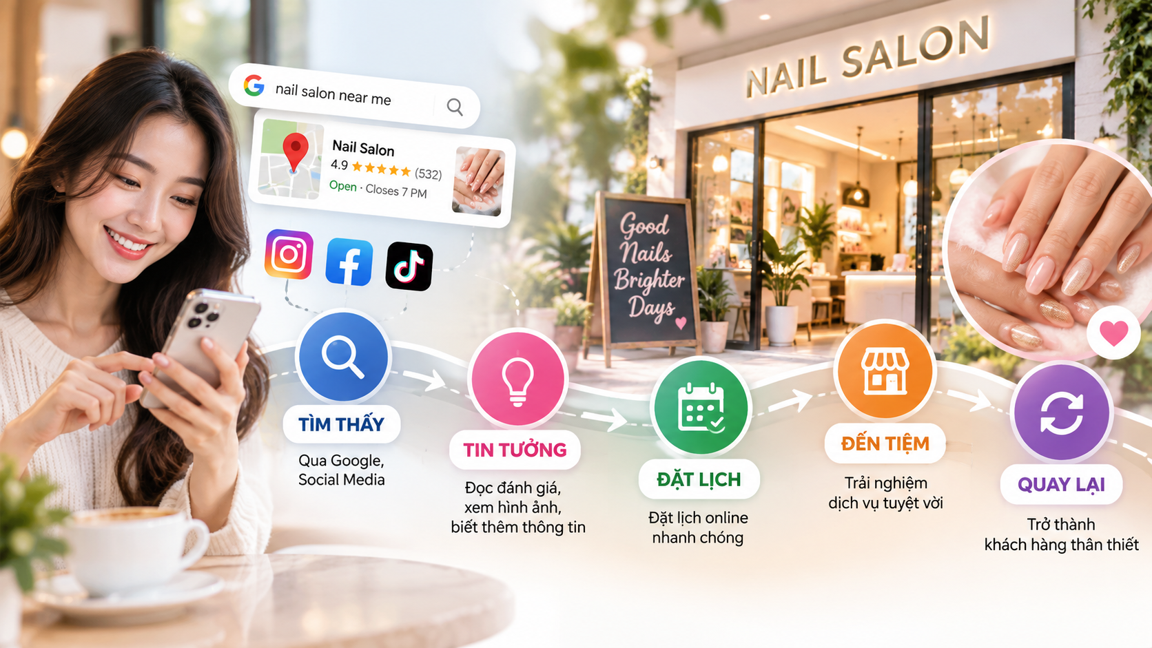 Hành trình khách hàng từ tìm hiểu tiệm nail đến đặt lịch và quay lại