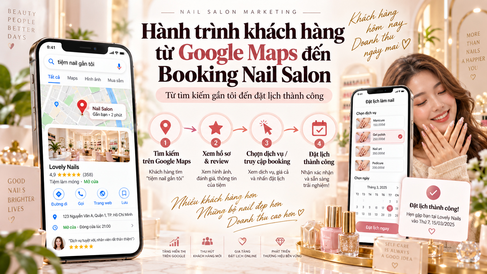 Hành trình khách hàng từ Google Maps đến Booking Nail Salon Hành trình khách hàng từ Google Maps đến Booking Nail Salon