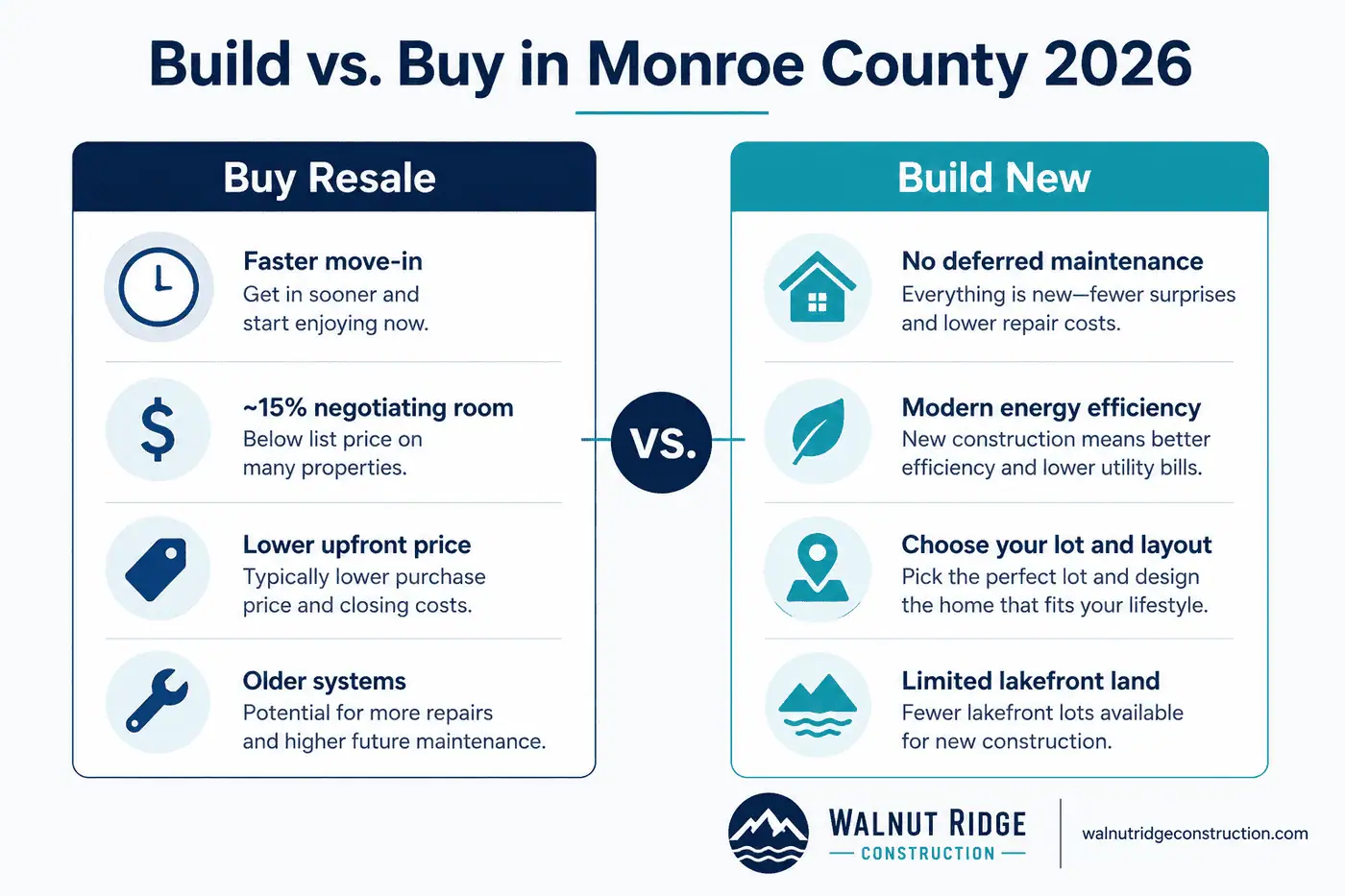 Comparison infographic of building new versus buying resale in Monroe County Tennessee 2026