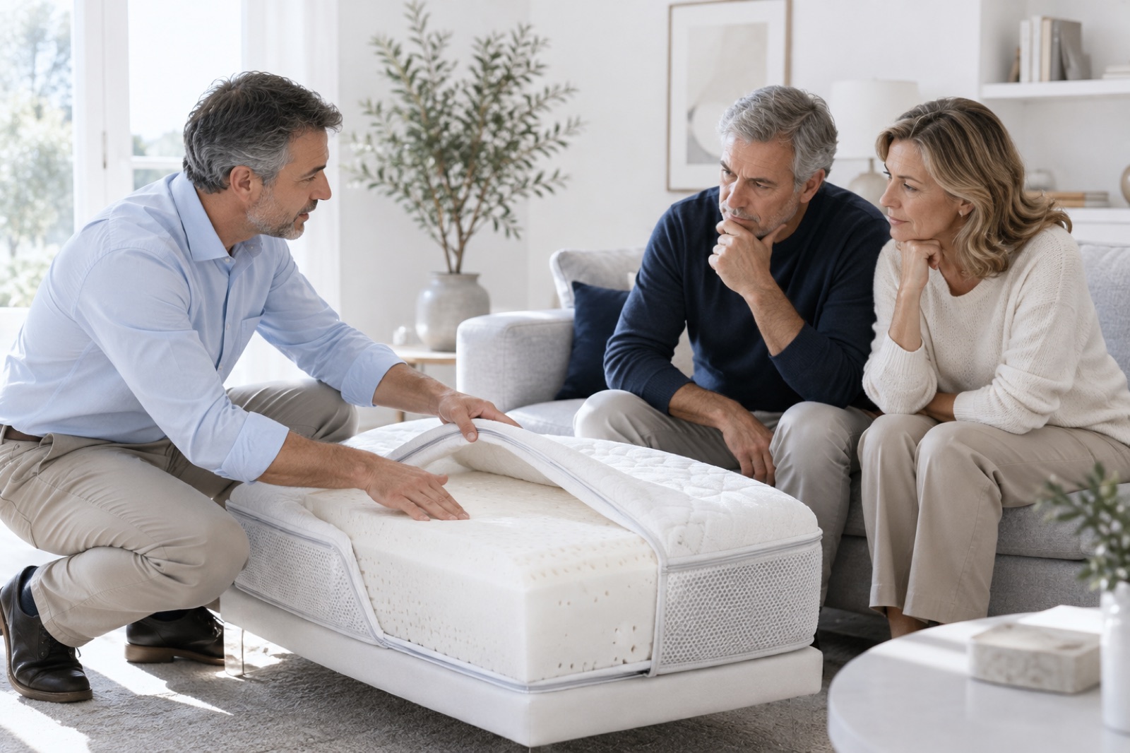 Consulente New Ideal Silver che mostra il materasso IdealCell a una coppia nel loro soggiorno