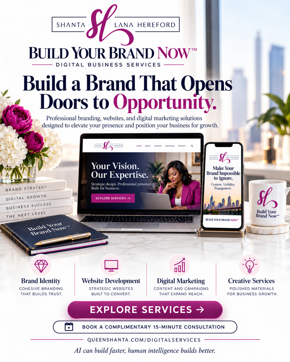 Supplied luxury digital-services concept with a businesswoman and branded laptop and phone