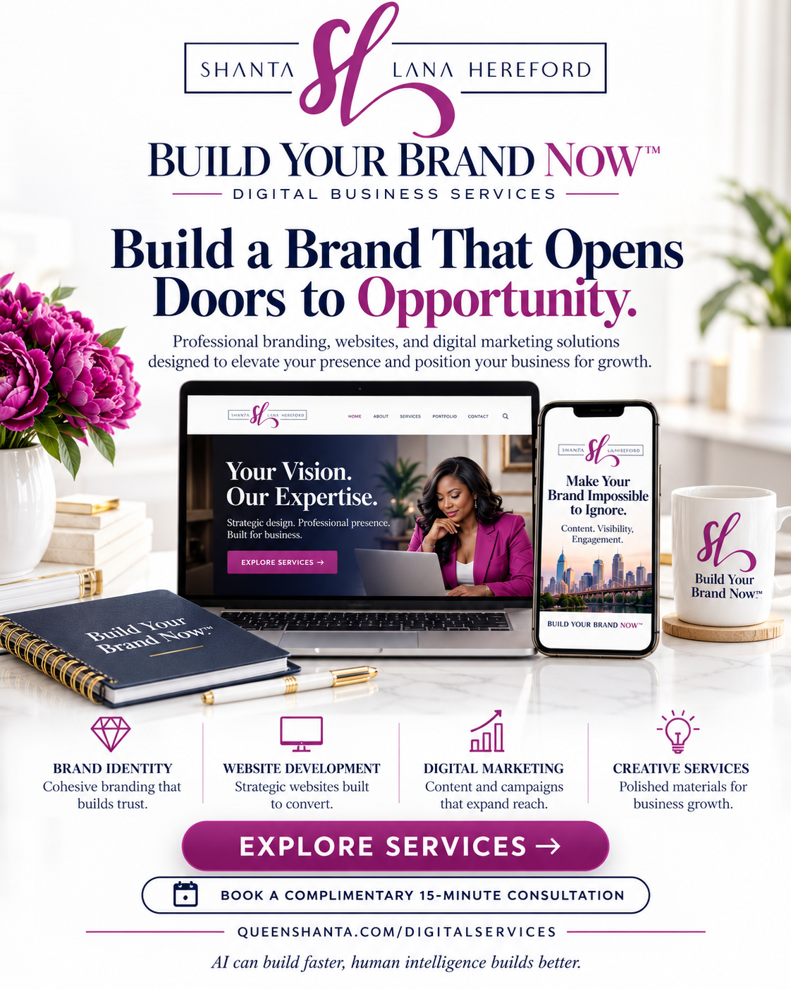 Supplied promotional flyer concept in a white office with magenta floral accents