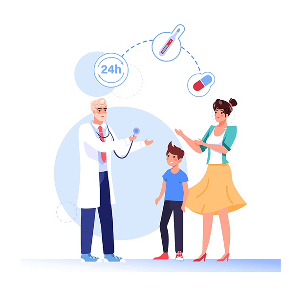 Illustration of a doctor with parent and child figuring out medication