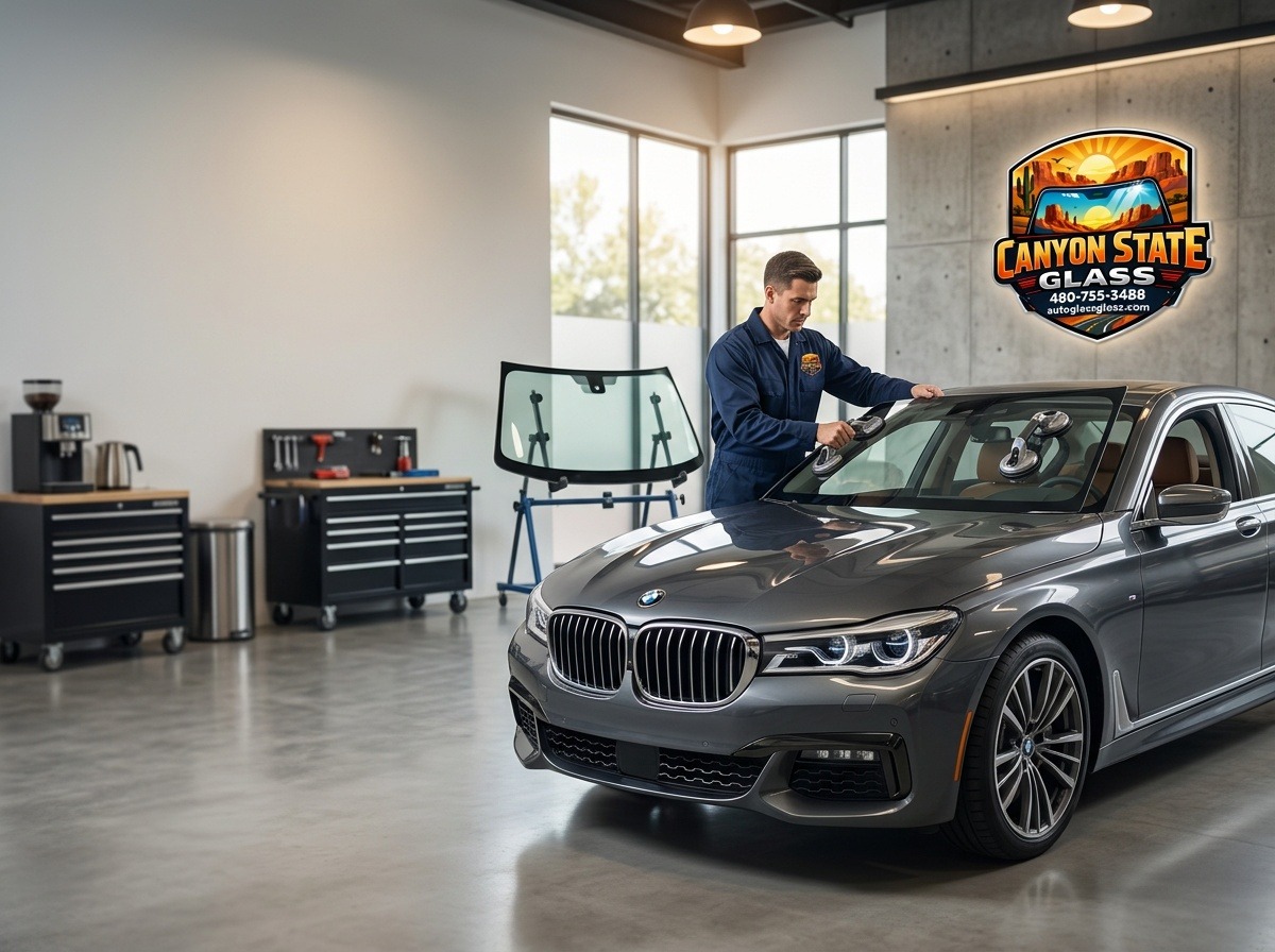 Canyon State Glass technician installing a windshield