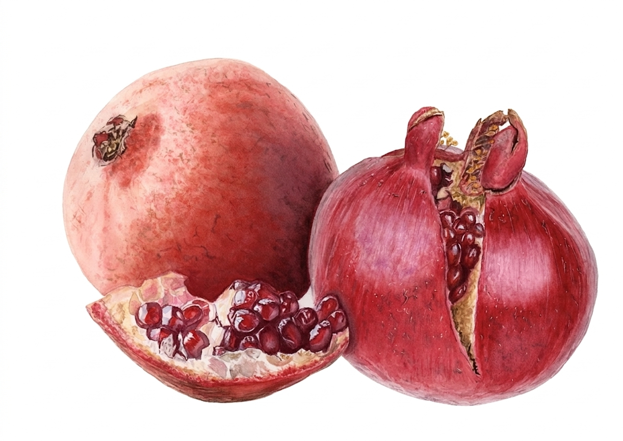 Botanical watercolour painting of pomegranates by Inessa Falina