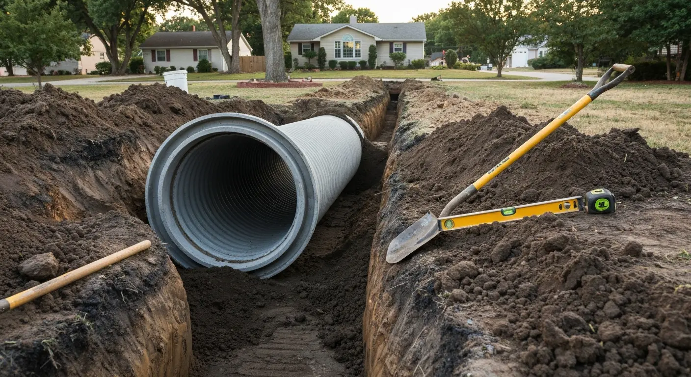 Culvert pipe being installed in drainage trench