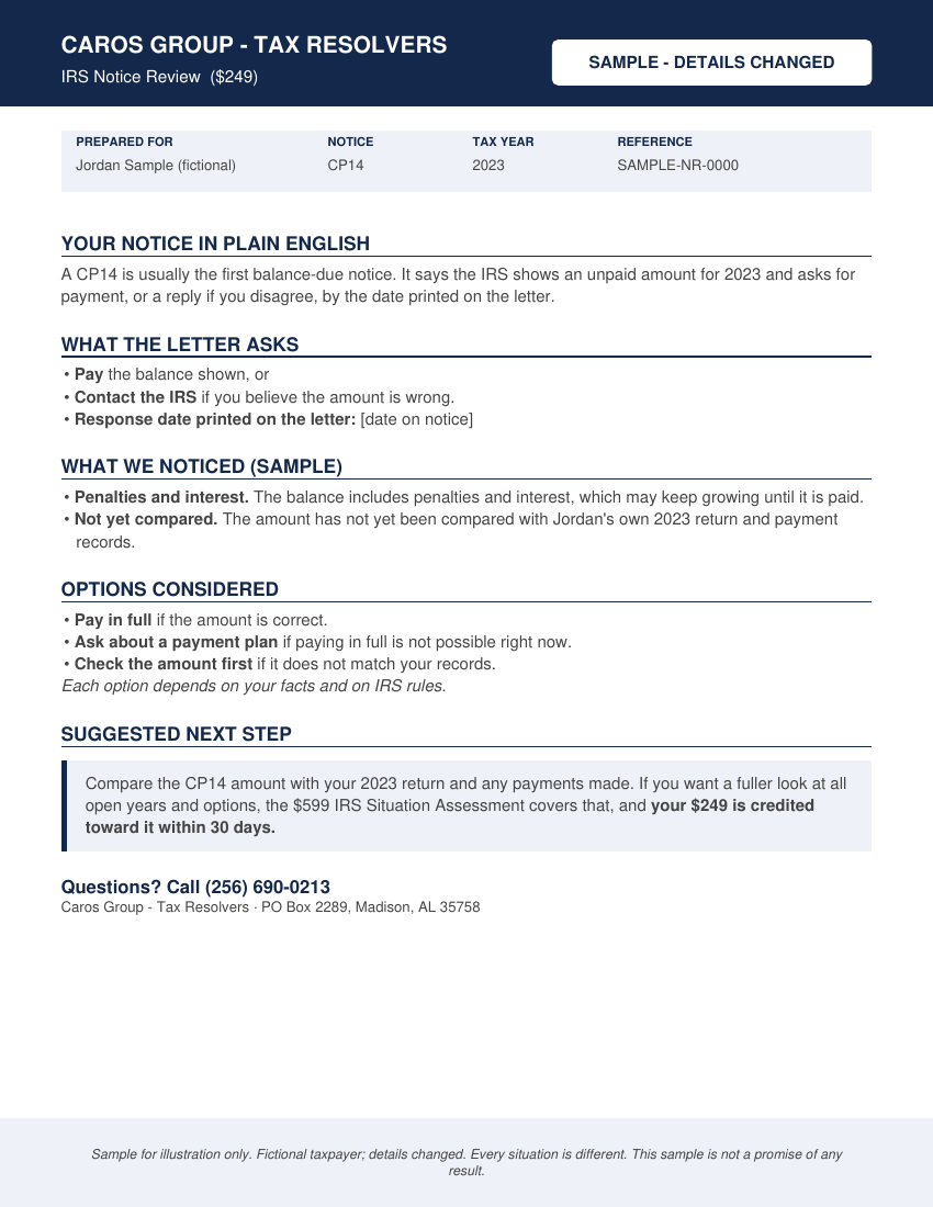 First page of a sample IRS Notice Review for a fictional taxpayer, opens the sample PDF