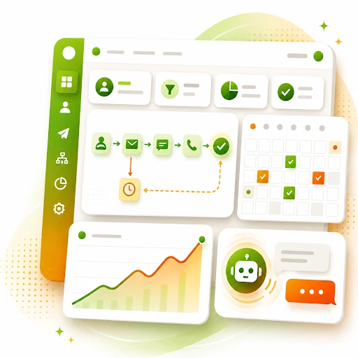The Marketing Fresco system: contacts, automations, calendar, reporting and AI chat working together