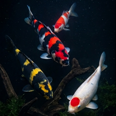 Two premium koi swimming in dark pond water
