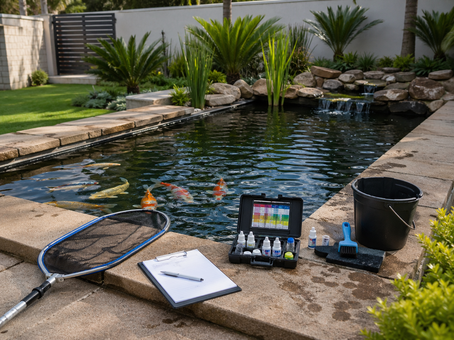 Clean koi pond maintenance setup with net, testing kit, bucket, and checklist beside the pond