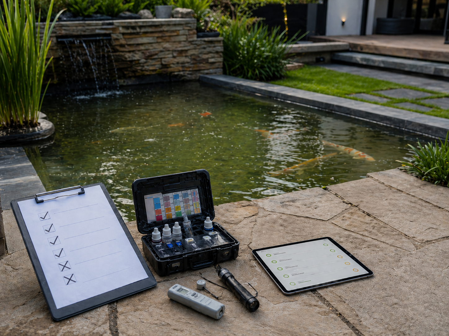 Pond troubleshooting setup with checklist, water testing kit, tablet, and slightly cloudy koi pond in the background