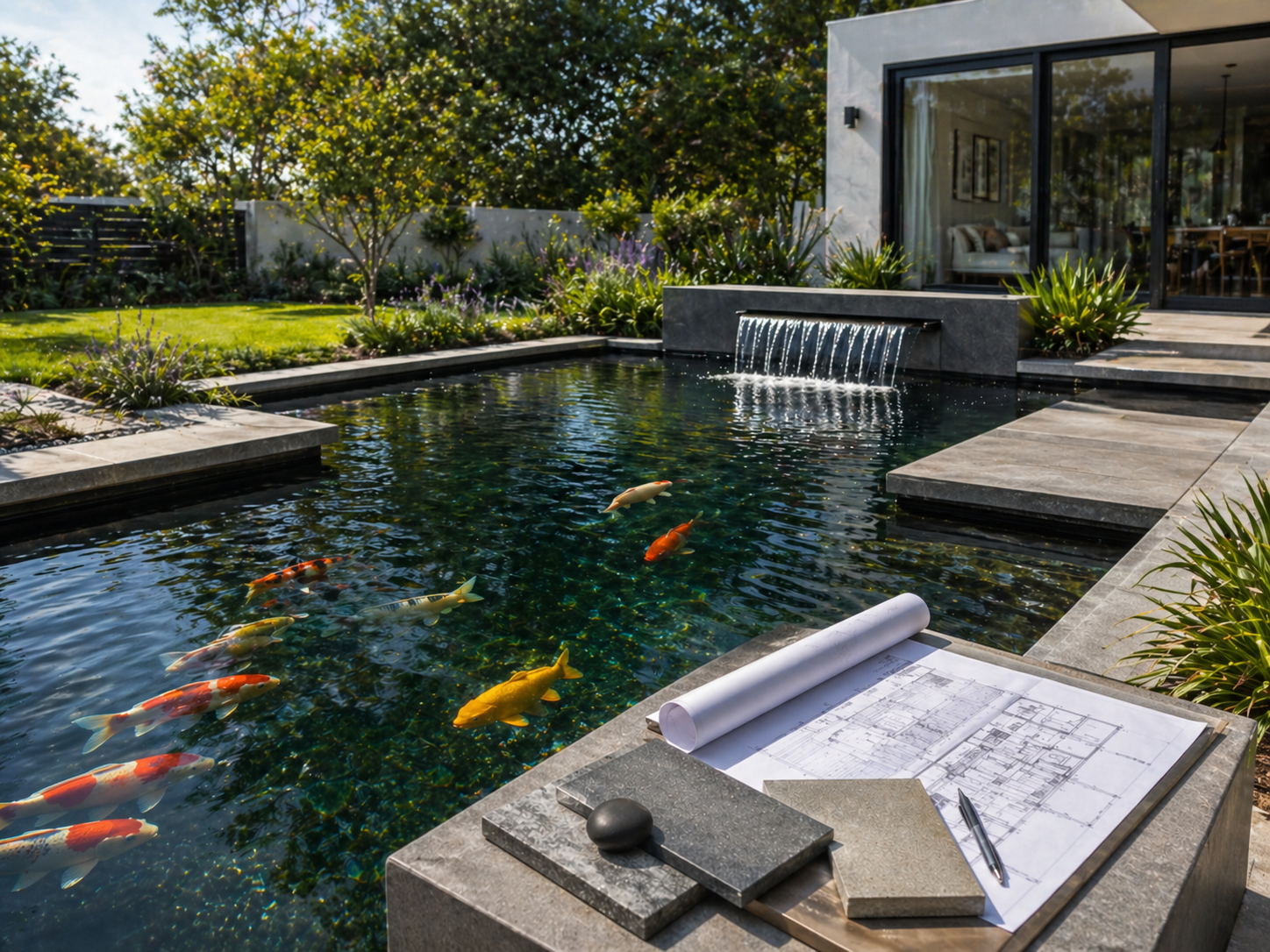 Modern residential koi pond design and construction concept with clear water and landscaped garden setting