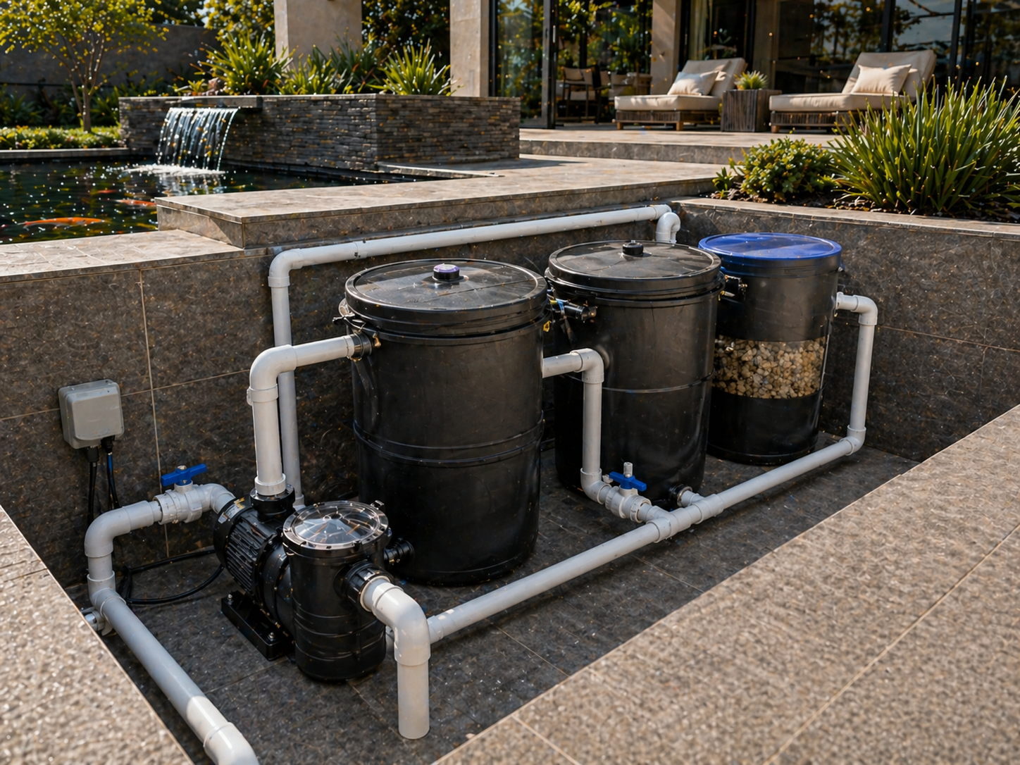 Realistic koi pond filtration system setup with white pipes and practical filter equipment