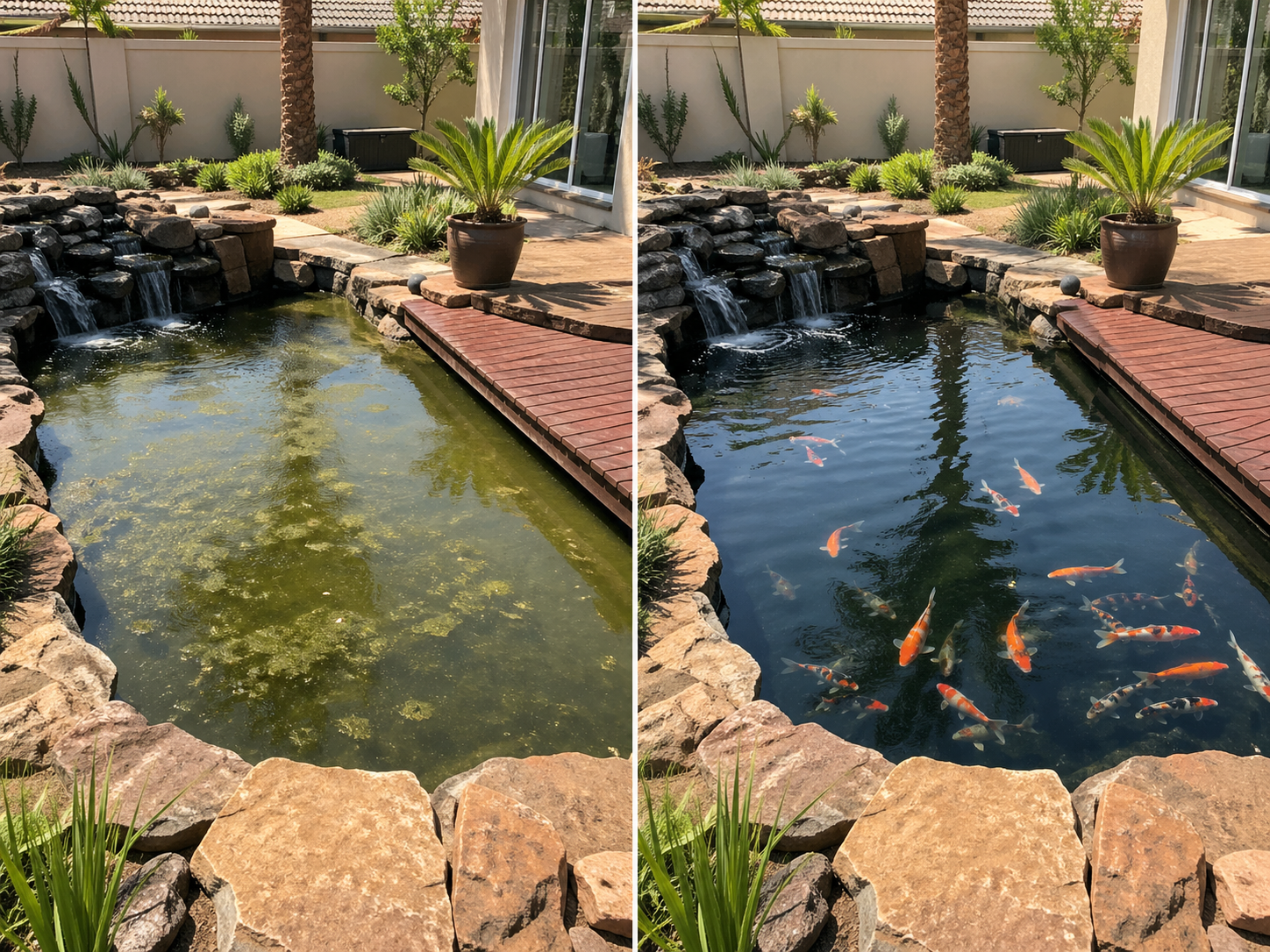 Pond water quality image showing murky pond water and clean balanced pond water