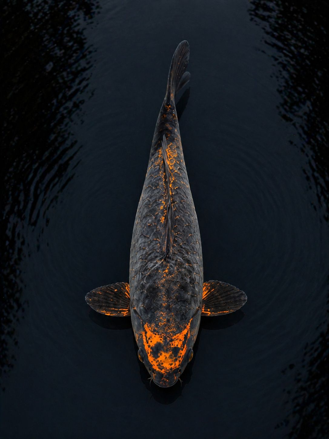 Aregoke koi with dark sumi-heavy body and broken hi pattern