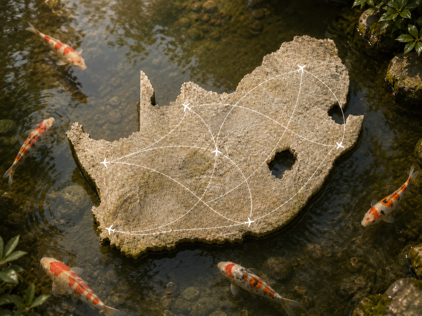 Stylised South Africa map with flight routes over water for nationwide koi shipping