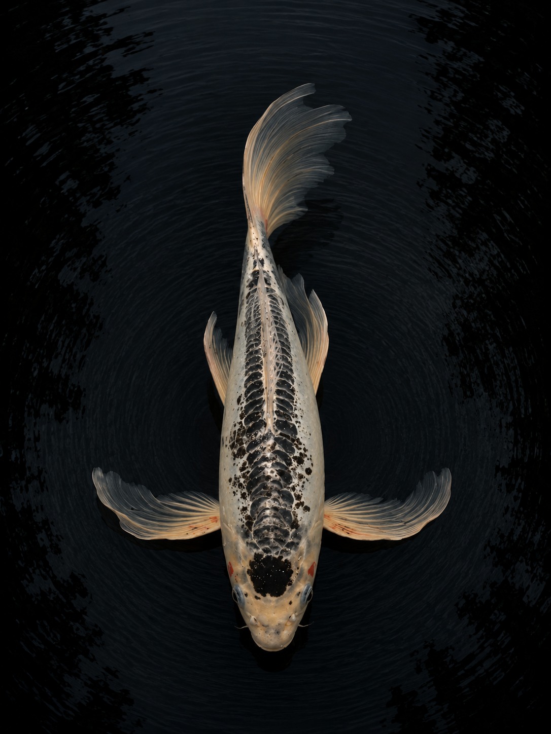 Shusui Butterfly Koi with sumi zipper scalation, luminous shiroji base, and flowing butterfly fins