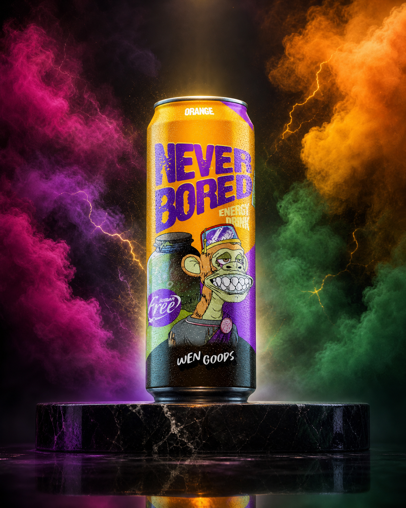 Never Bored energy drink static ad, orange can product shot