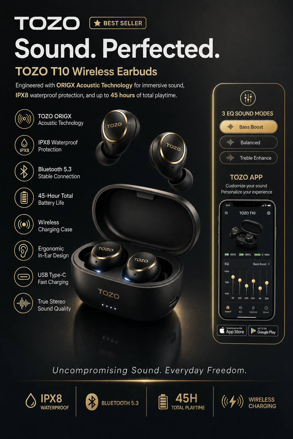 TOZO T10 wireless earbuds static ad, Sound. Perfected.