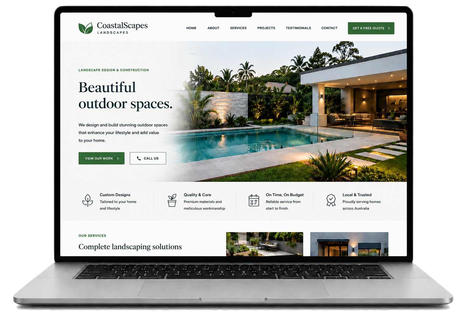 Laptop mockup of an Australian landscaping company website