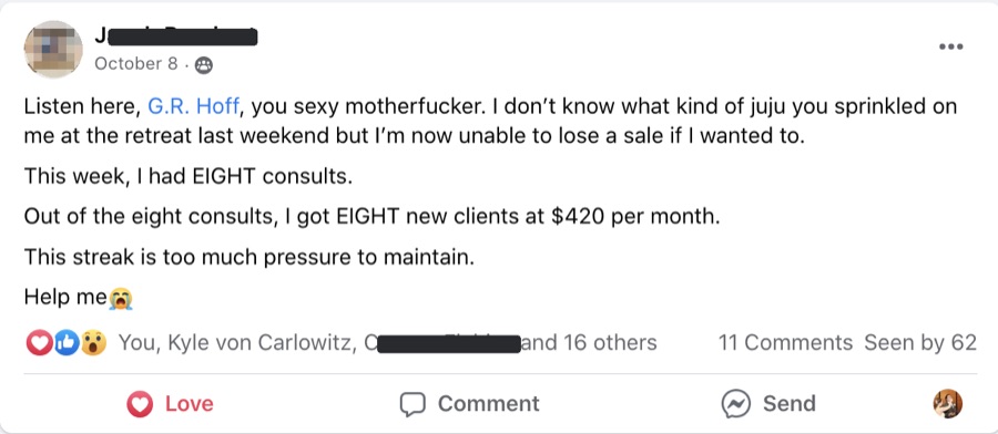 Client post: after the retreat, 8 consults turned into 8 new clients at $420 per month