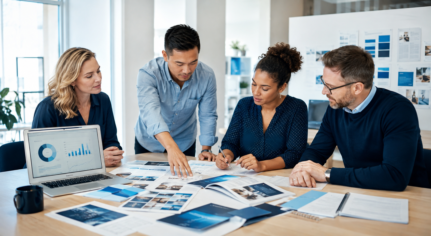 Marketing team collaborating on analytics, web design and print materials