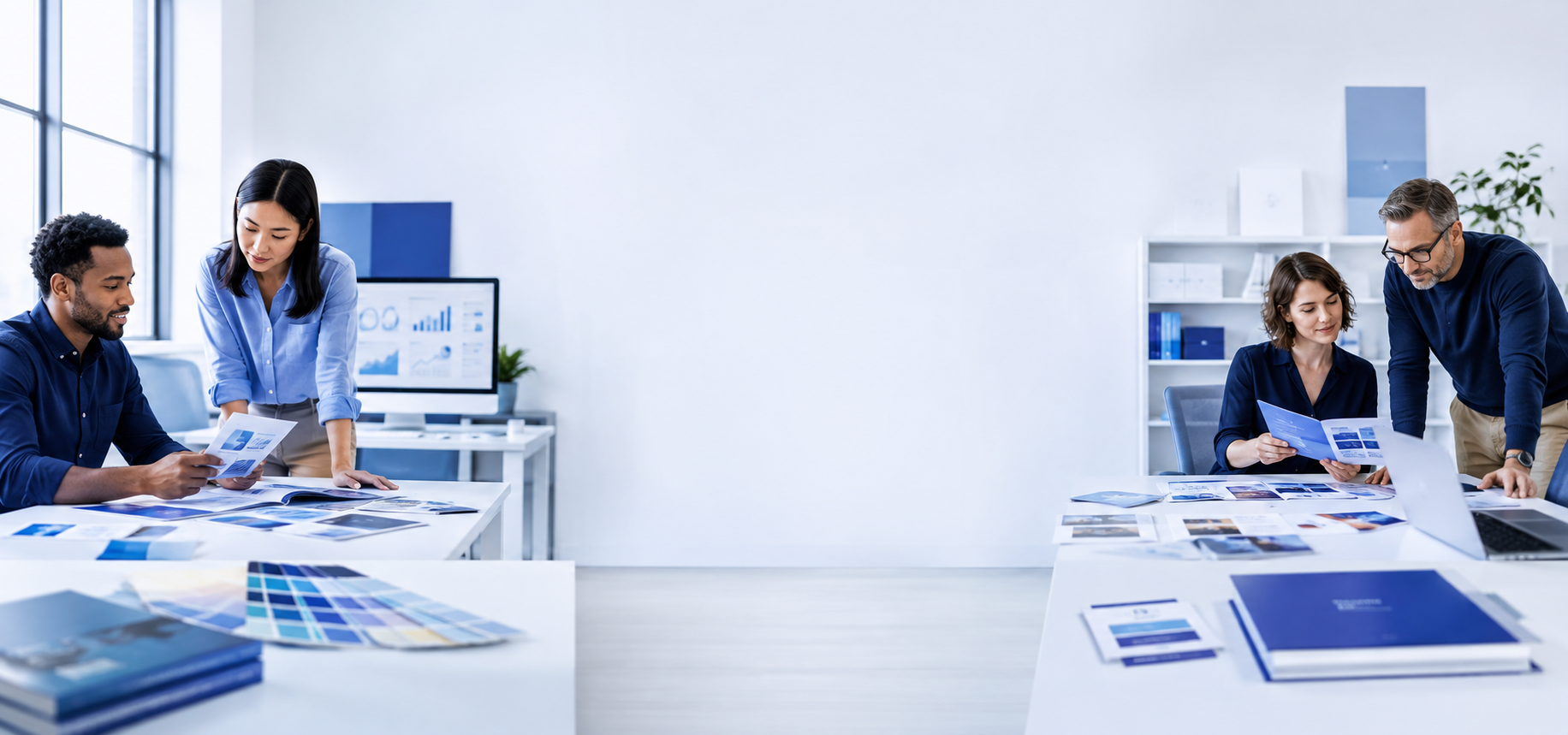 Milestone marketing professionals collaborating across digital and print campaigns
