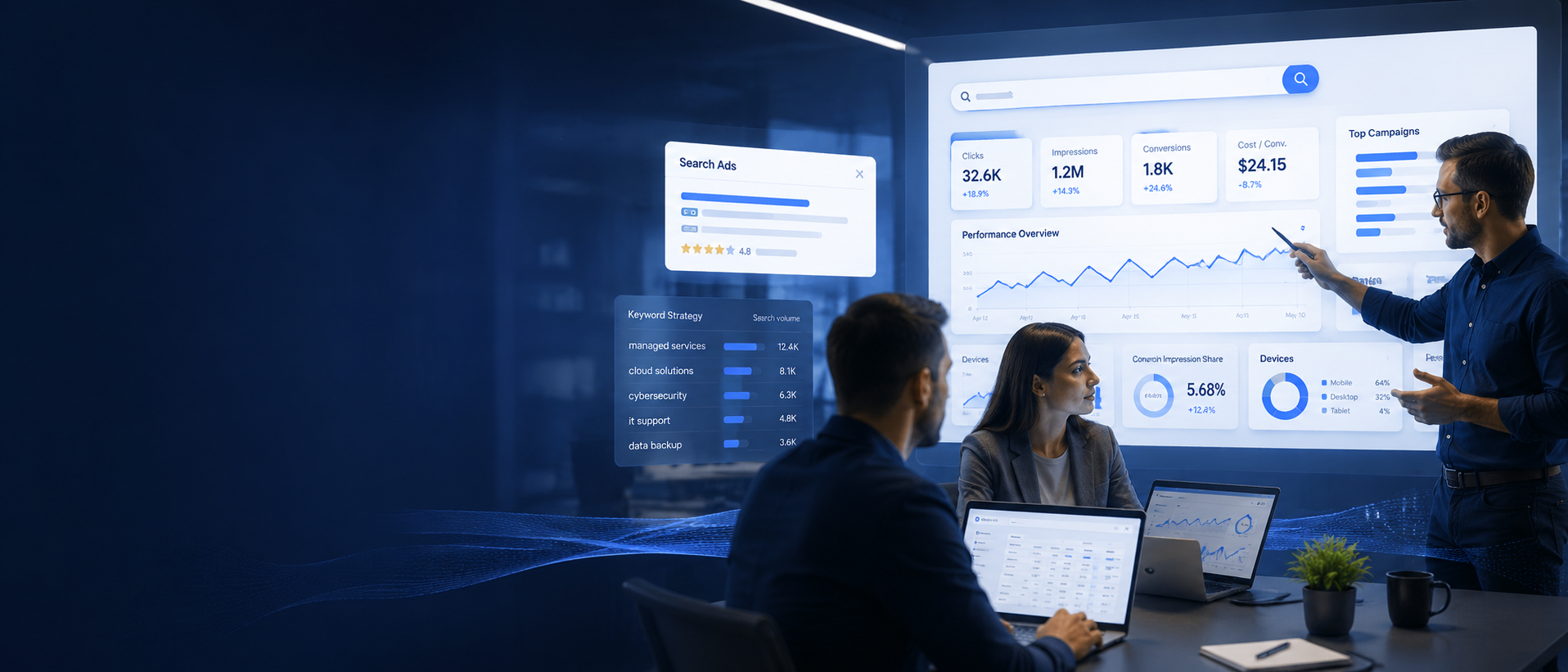 Google Ads campaign team analyzing paid search performance