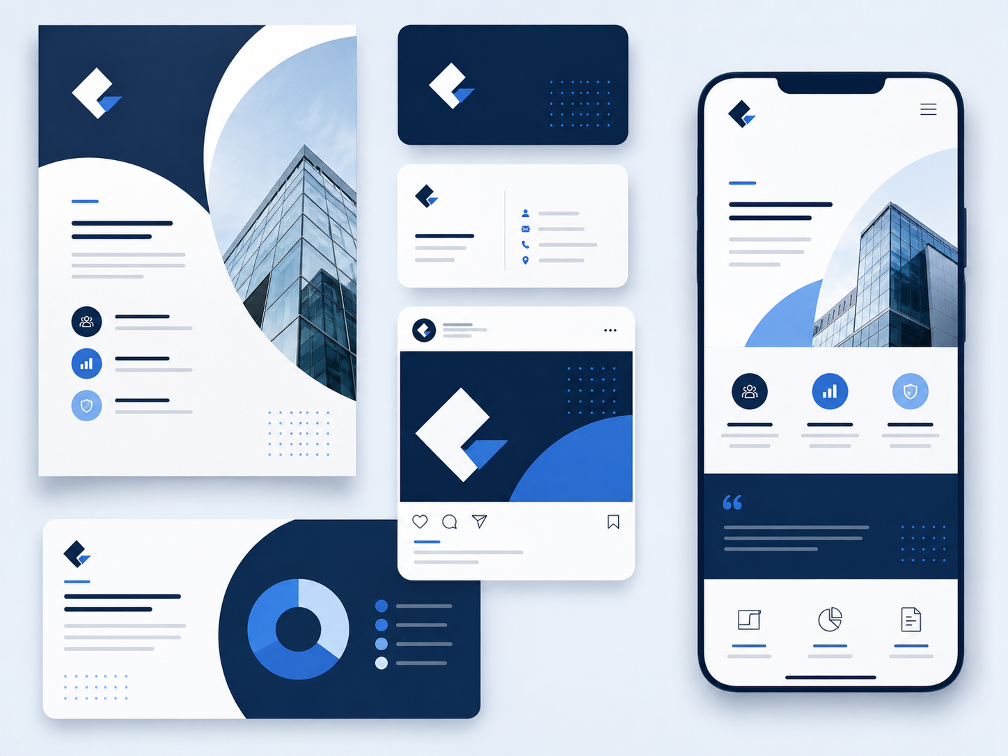Graphic design brand system showing coordinated visual assets across marketing materials